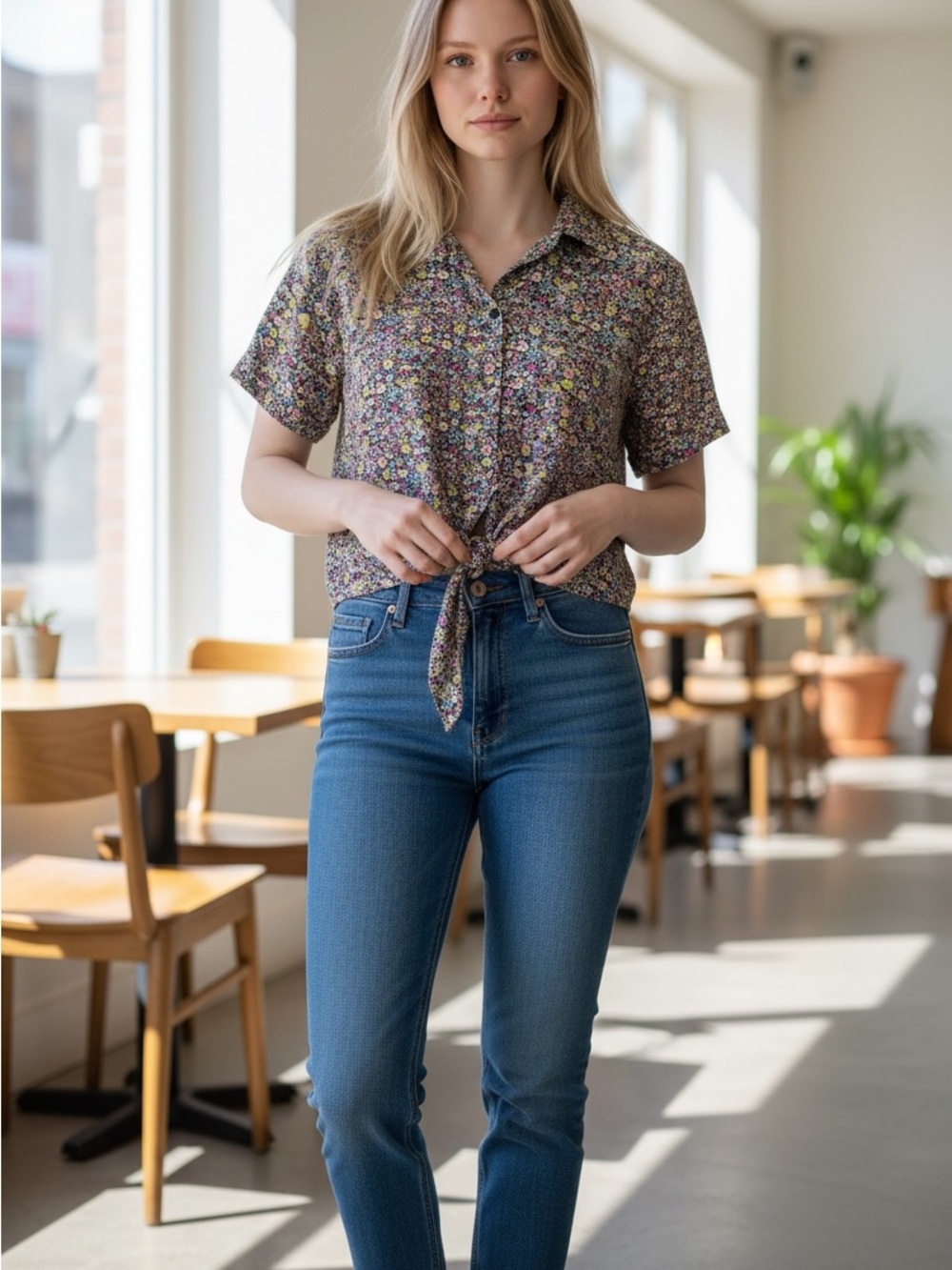 American Apparel floral cropped Top Tie Front Size M/L